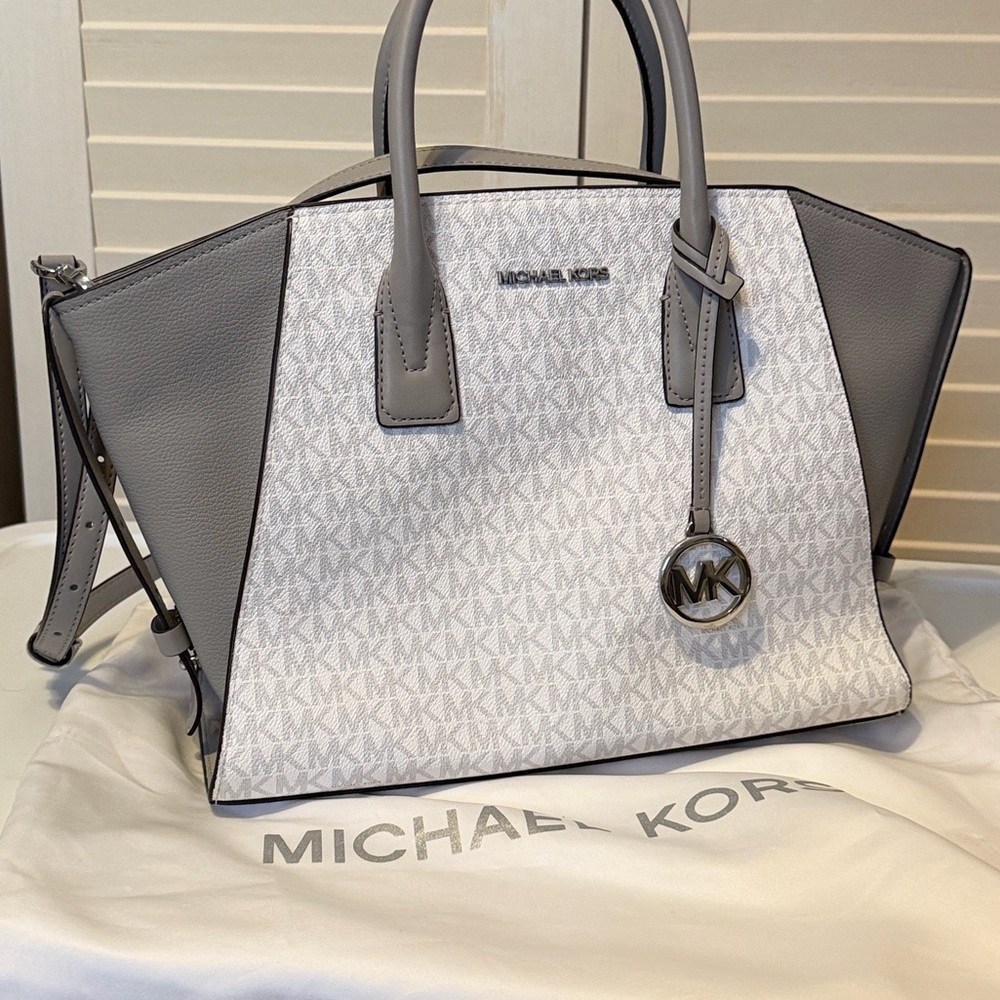 Michael Kors White and Gray Logo-Print Satchel with MK Charm